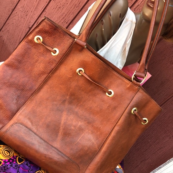 I Santi Tan leather distressed Bag purse tote Camel soft supple shopper books - Picture 8 of 11